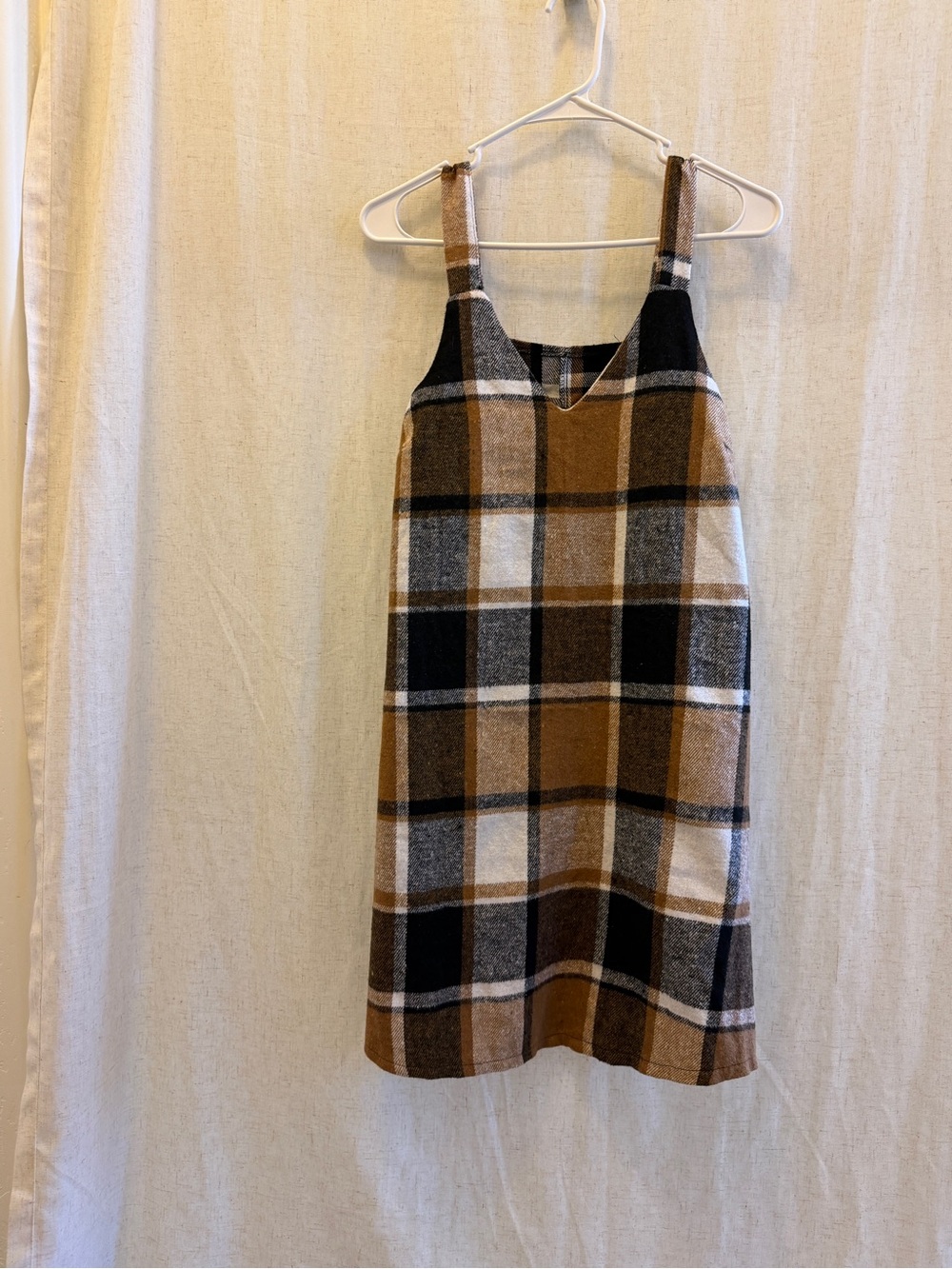 Plaid V-Neck Pinafore Dress in Brown and Black